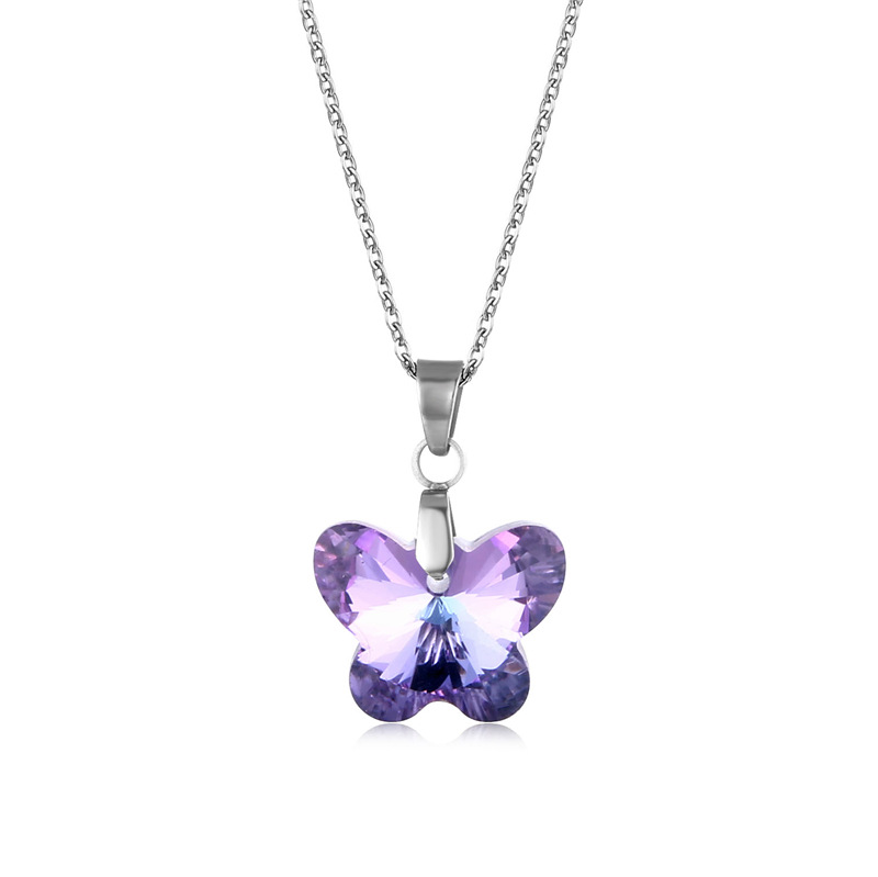 Cross-Border Stainless Steel Necklace Women&#039;s European and American Simple and Fresh Butterfly Clavicle Chain Pendant AB Purple Crystal Necklace