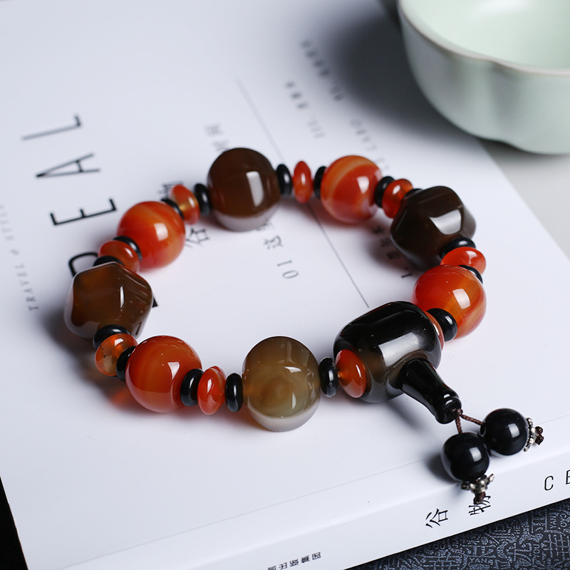 Natural agate bracelet domineer single circle male buddhist beads hand string national wind three eye day beads gift accessories