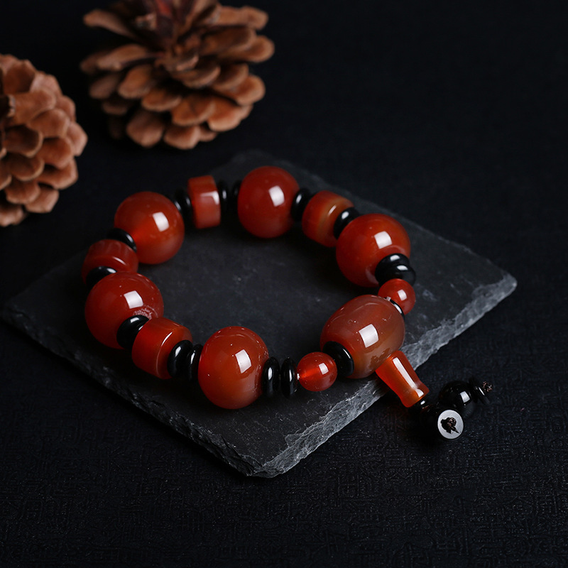 Natural agate bracelet domineer single circle male buddhist beads hand string national wind three eye day beads gift accessories
