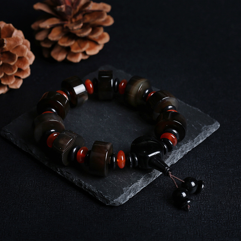 Natural agate bracelet domineer single circle male buddhist beads hand string national wind three eye day beads gift accessories