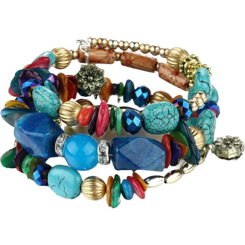 Factory Direct Sales European and American Exaggerated Bracelet Retro Crystal Stone Turquoise Agate Bead Multi-Layer Winding Bracelets Women
