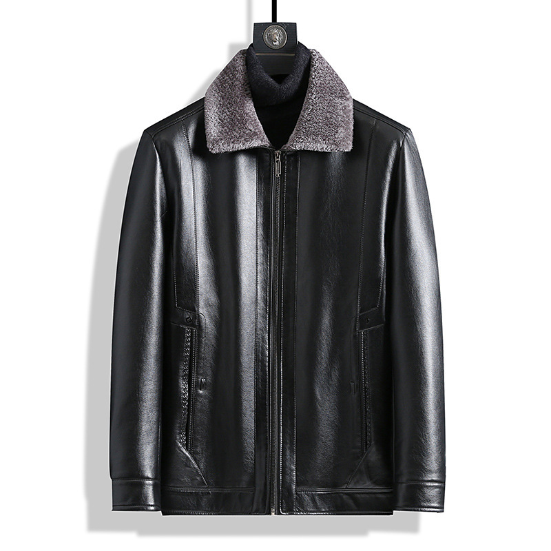 Products in Stock New Middle-Aged and Elderly Men's Leather Coat Stone Washed Business Gentleman Casual Polo Collar Fur One Men's Wear for Dad