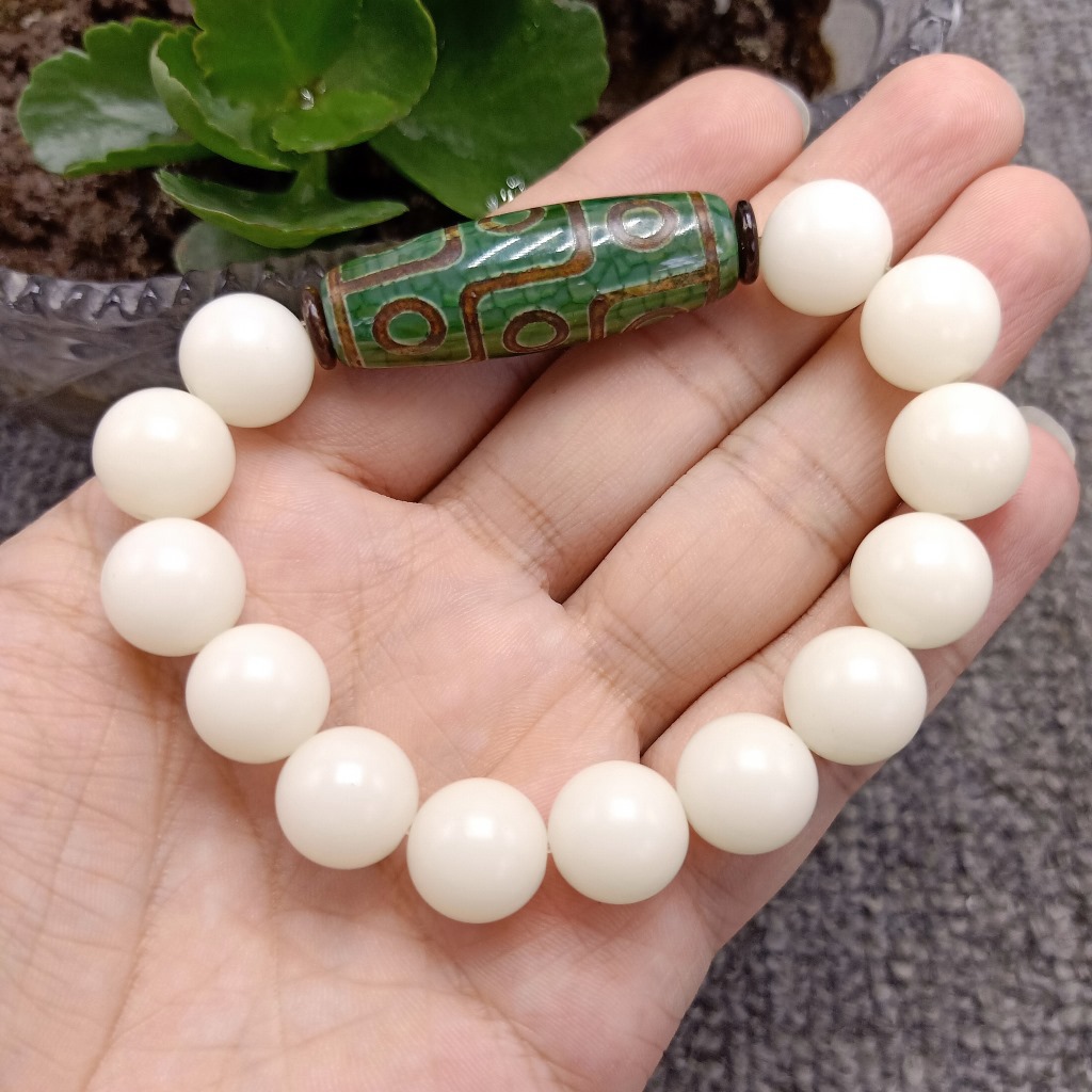 Unisex Green Agate Dzi Bead Single Circle Independent Packaging 12mm White Jade Bodhi Root Bracelet