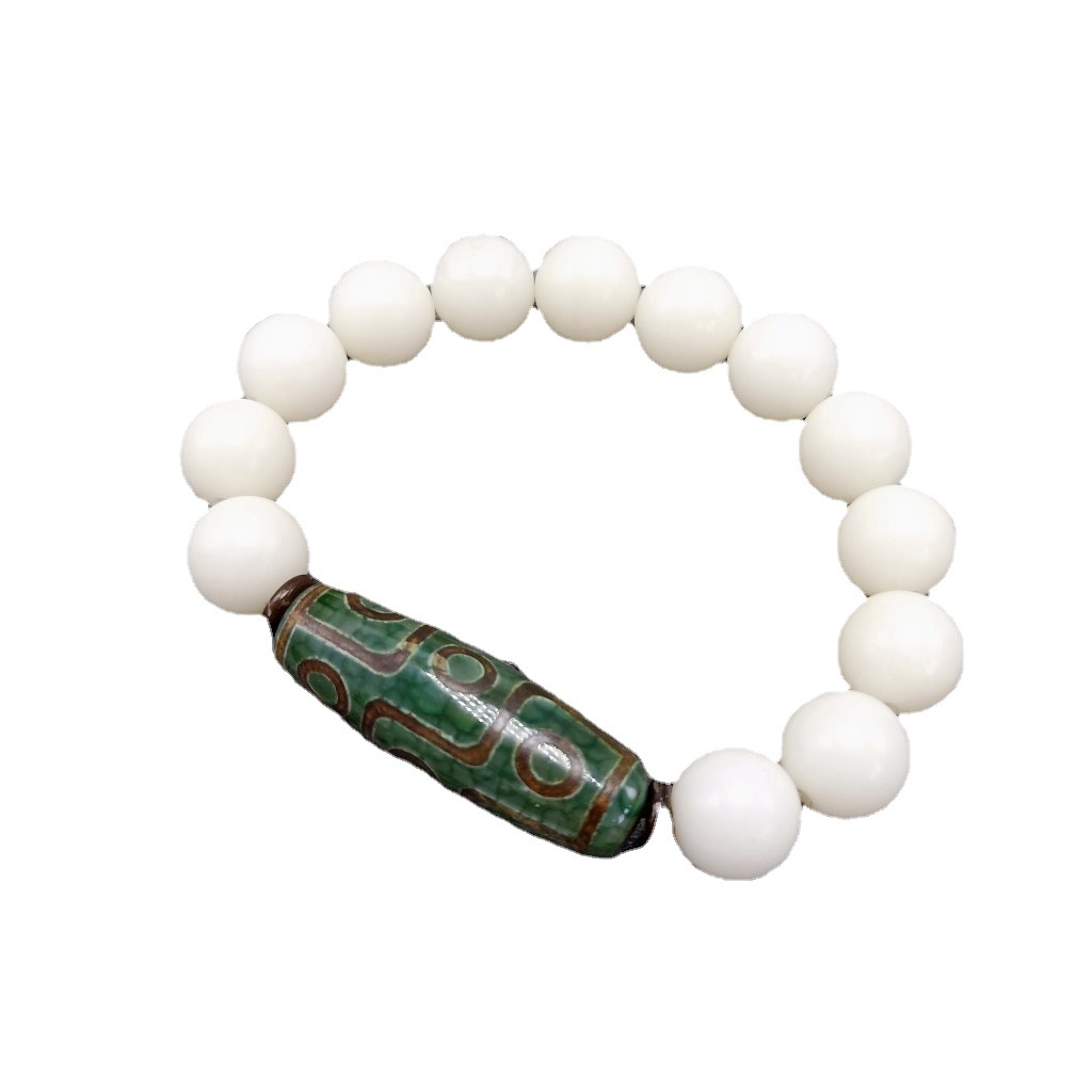 Unisex Green Agate Dzi Bead Single Circle Independent Packaging 12mm White Jade Bodhi Root Bracelet