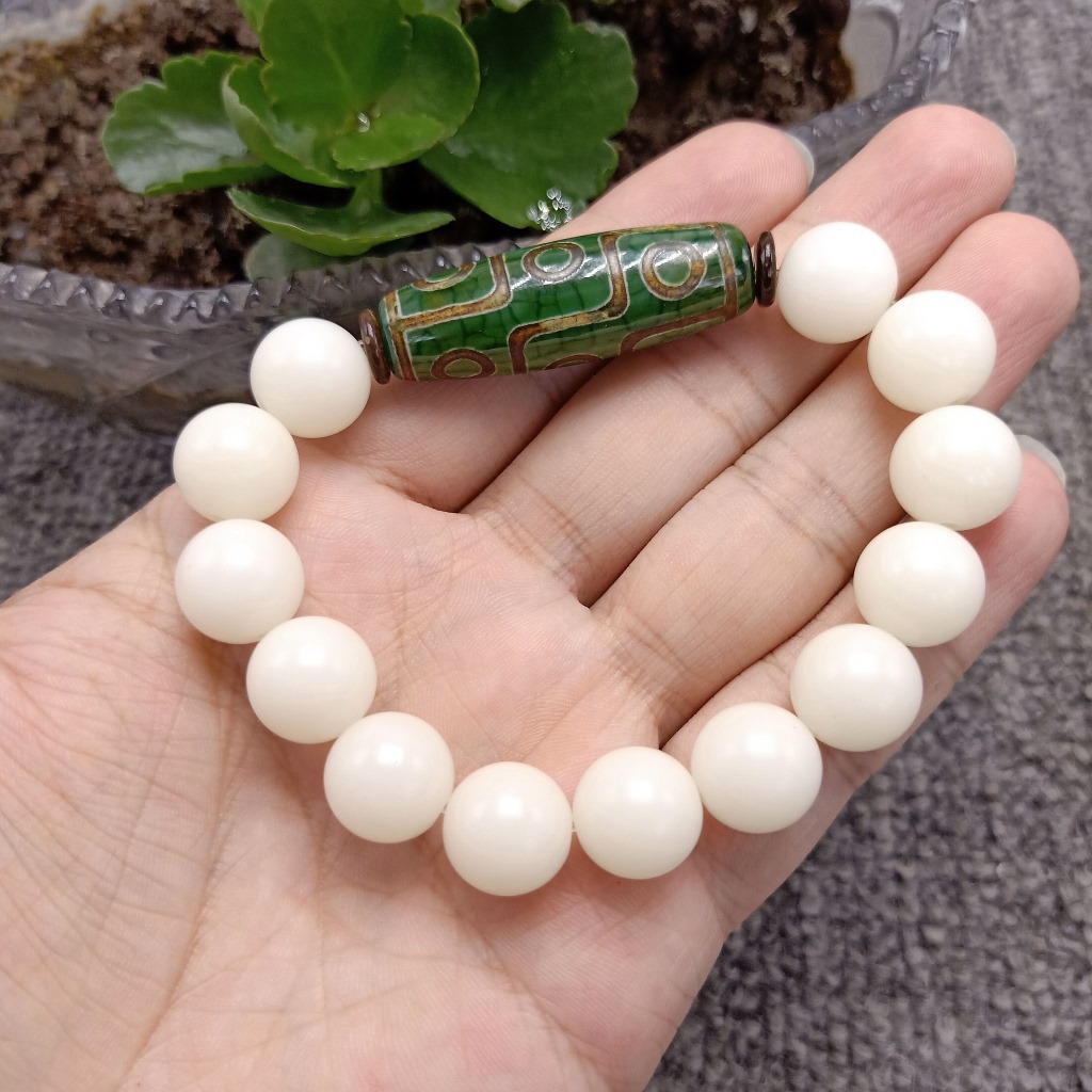 Unisex Green Agate Dzi Bead Single Circle Independent Packaging 12mm White Jade Bodhi Root Bracelet