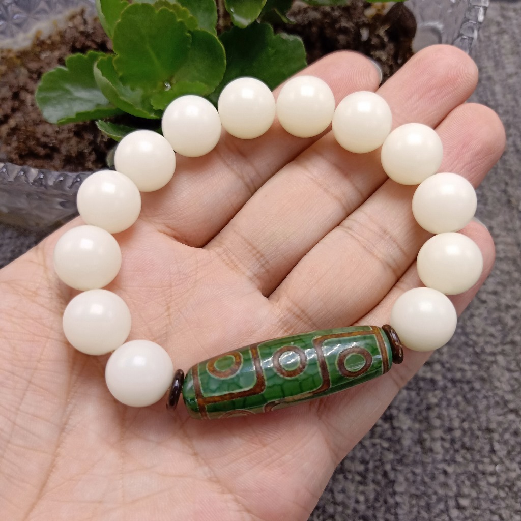 Unisex Green Agate Dzi Bead Single Circle Independent Packaging 12mm White Jade Bodhi Root Bracelet