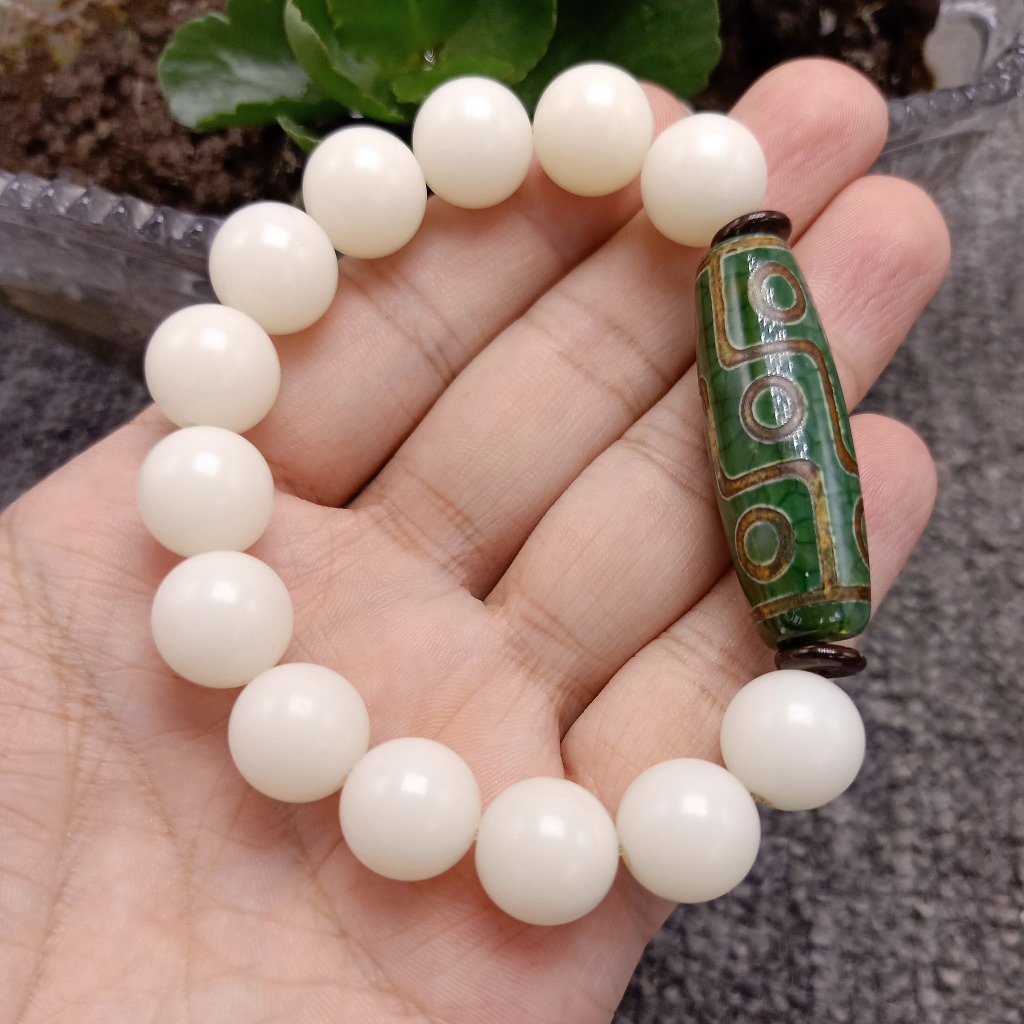 Unisex Green Agate Dzi Bead Single Circle Independent Packaging 12mm White Jade Bodhi Root Bracelet