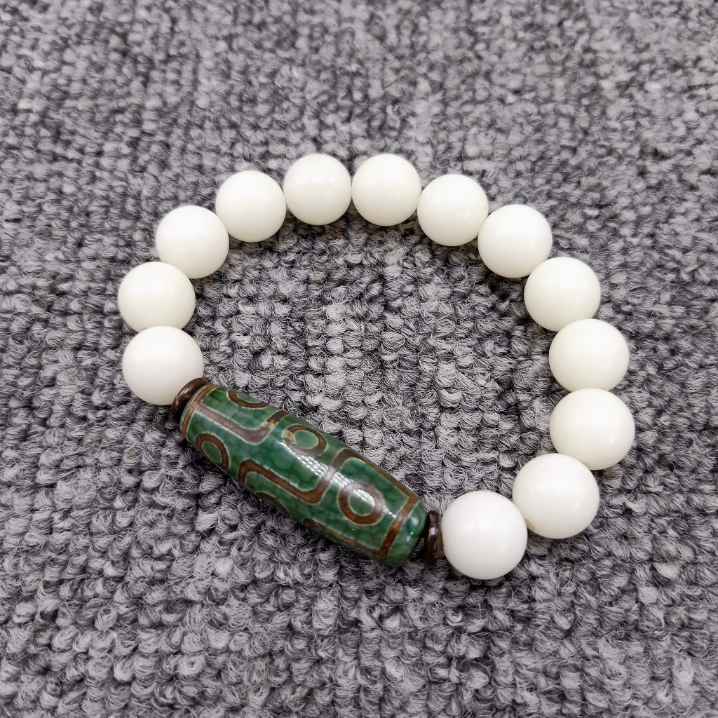 Unisex Green Agate Dzi Bead Single Circle Independent Packaging 12mm White Jade Bodhi Root Bracelet