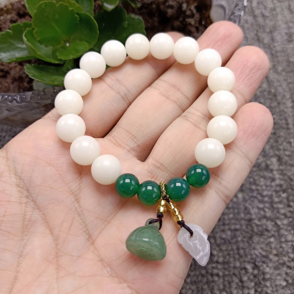 Unisex Green Agate Single Circle with Xiuyan Jade Lotus Seedpod Independent Packaging White Jade Bodhi Root Bracelet