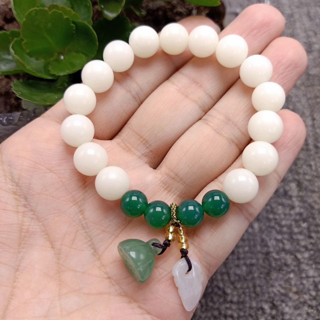 Unisex Green Agate Single Circle with Xiuyan Jade Lotus Seedpod Independent Packaging White Jade Bodhi Root Bracelet