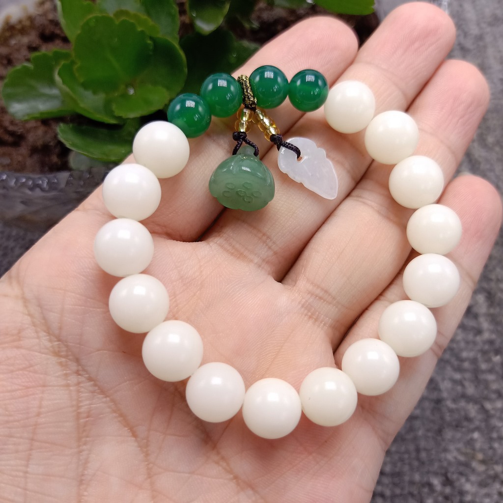 Unisex Green Agate Single Circle with Xiuyan Jade Lotus Seedpod Independent Packaging White Jade Bodhi Root Bracelet