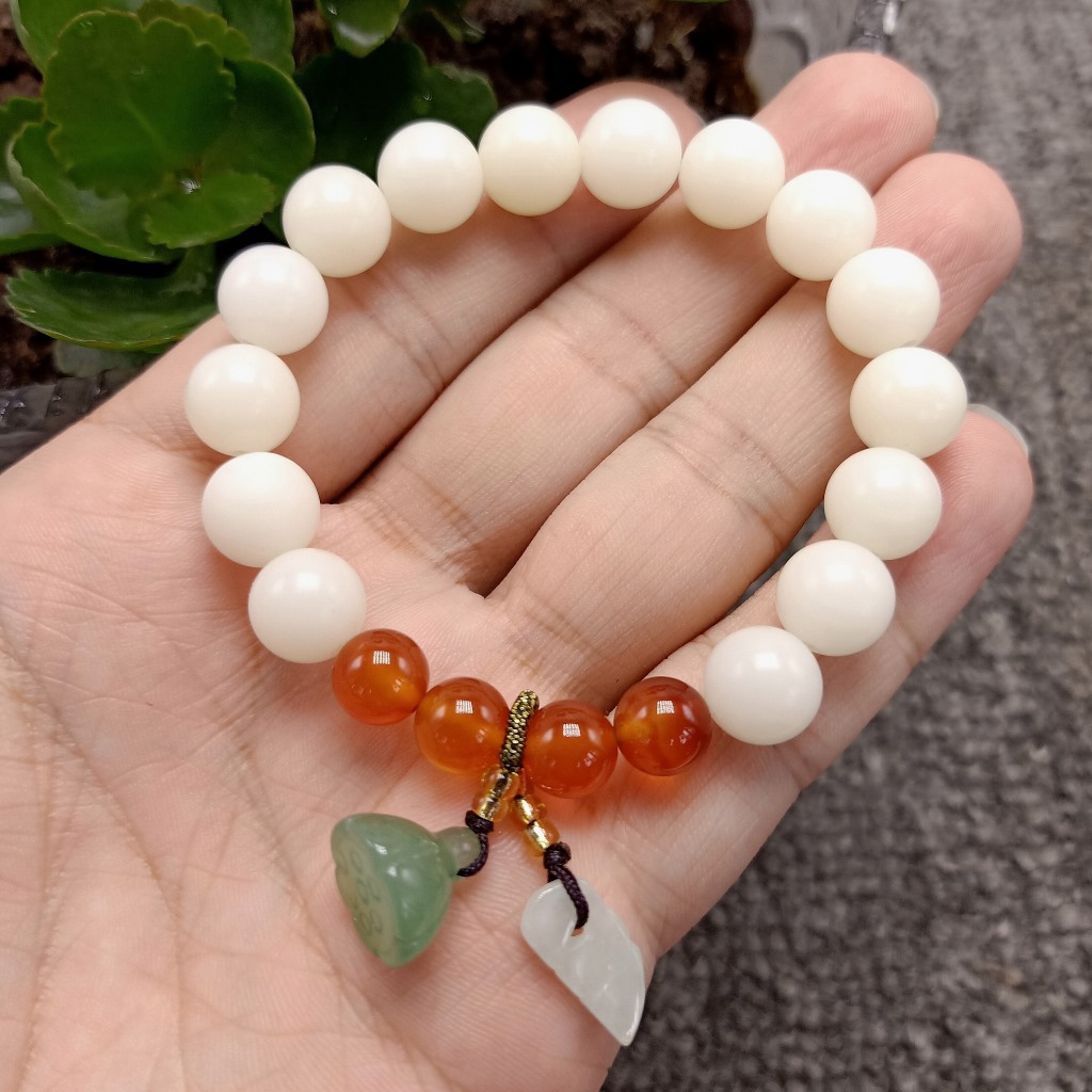 Unisex Green Agate Single Circle with Xiuyan Jade Lotus Seedpod Independent Packaging White Jade Bodhi Root Bracelet