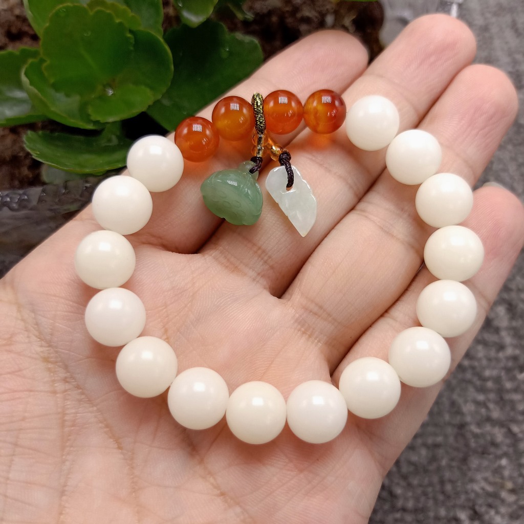 Unisex Green Agate Single Circle with Xiuyan Jade Lotus Seedpod Independent Packaging White Jade Bodhi Root Bracelet