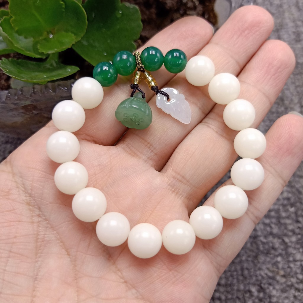 Unisex Green Agate Single Circle with Xiuyan Jade Lotus Seedpod Independent Packaging White Jade Bodhi Root Bracelet