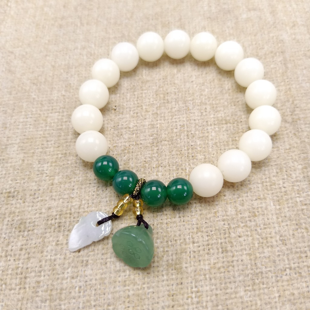 Unisex Green Agate Single Circle with Xiuyan Jade Lotus Seedpod Independent Packaging White Jade Bodhi Root Bracelet