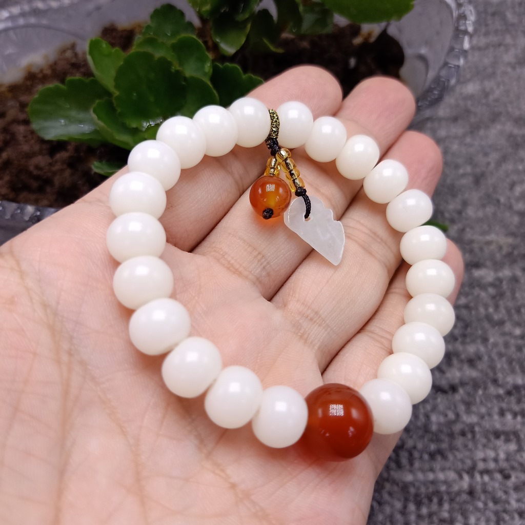 New White Jade Bodhi Root Single-Wrap Bracelet Bodhi Seed with Red Agate Bracelet Wholesale Webcast Supply Wholesale