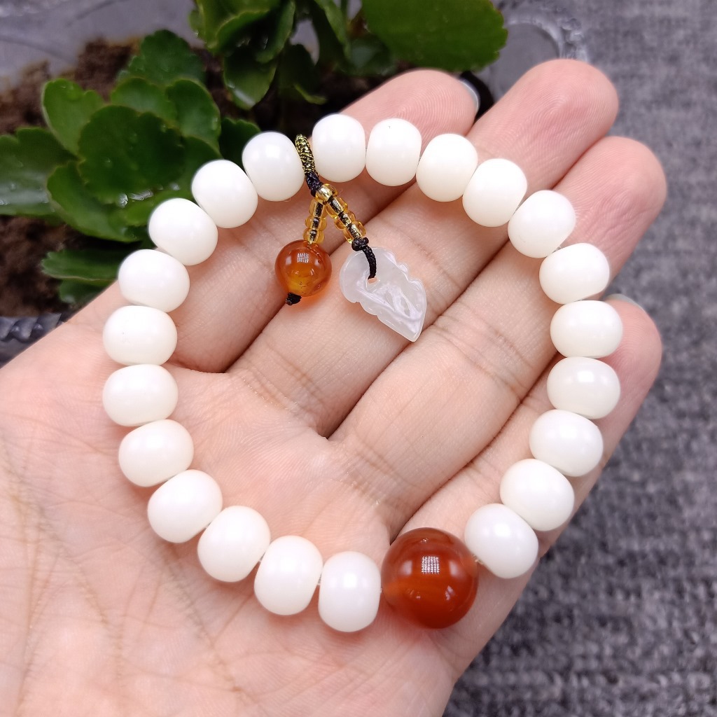 New White Jade Bodhi Root Single-Wrap Bracelet Bodhi Seed with Red Agate Bracelet Wholesale Webcast Supply Wholesale