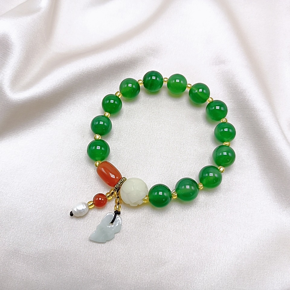 Natural Red Agate Green Agate Bracelet Moisturizing Women's Bracelet Hanging Burma Jade Small Leaf Pearl Duobao Bracelet