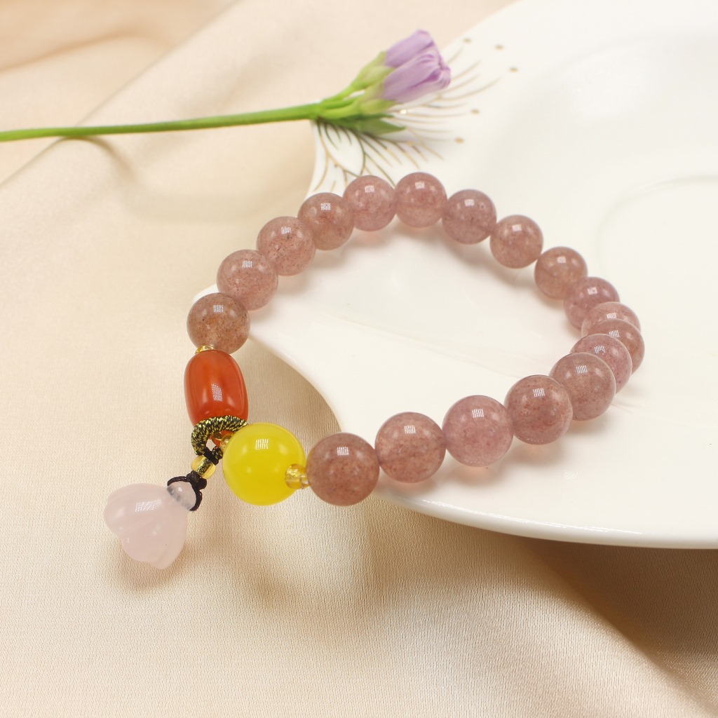 Simple Natural Crystal Strawberry Quartz Bracelet Chalcedony Lotus Seedpod Pendant Women's Fresh Bracelet with Pearl Agate