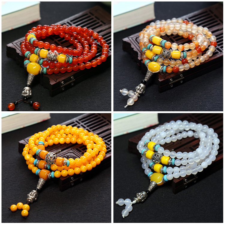 Natural agate bracelet female multi-circle crystal string beeswax Buddha head Tibet silver accessories