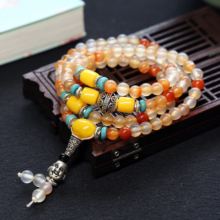 Natural agate bracelet female multi-circle crystal string beeswax Buddha head Tibet silver accessories