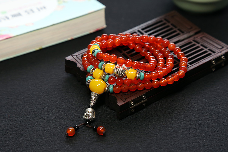 Natural agate bracelet female multi-circle crystal string beeswax Buddha head Tibet silver accessories