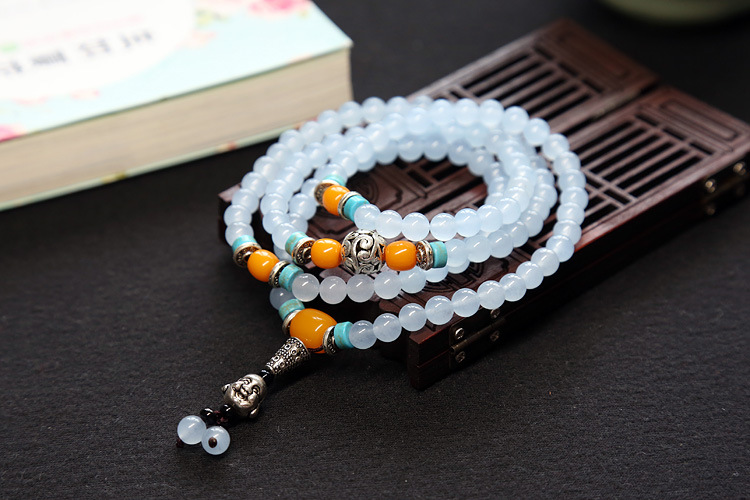 Natural agate bracelet female multi-circle crystal string beeswax Buddha head Tibet silver accessories