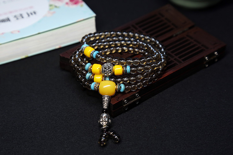 Natural agate bracelet female multi-circle crystal string beeswax Buddha head Tibet silver accessories