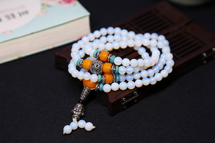 Natural agate bracelet female multi-circle crystal string beeswax Buddha head Tibet silver accessories