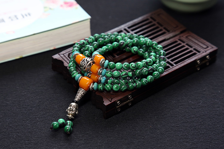 Natural agate bracelet female multi-circle crystal string beeswax Buddha head Tibet silver accessories