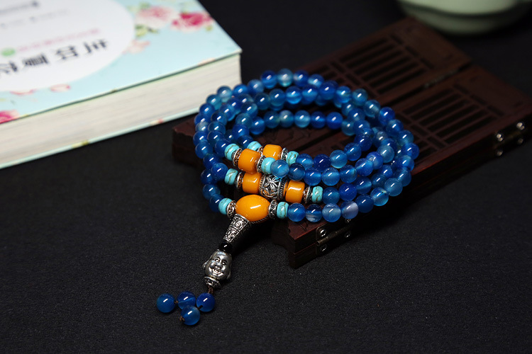 Natural agate bracelet female multi-circle crystal string beeswax Buddha head Tibet silver accessories
