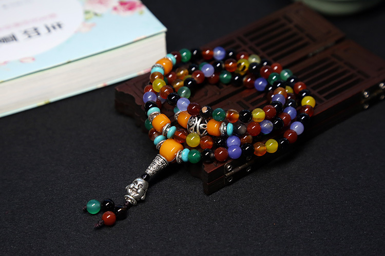 Natural agate bracelet female multi-circle crystal string beeswax Buddha head Tibet silver accessories