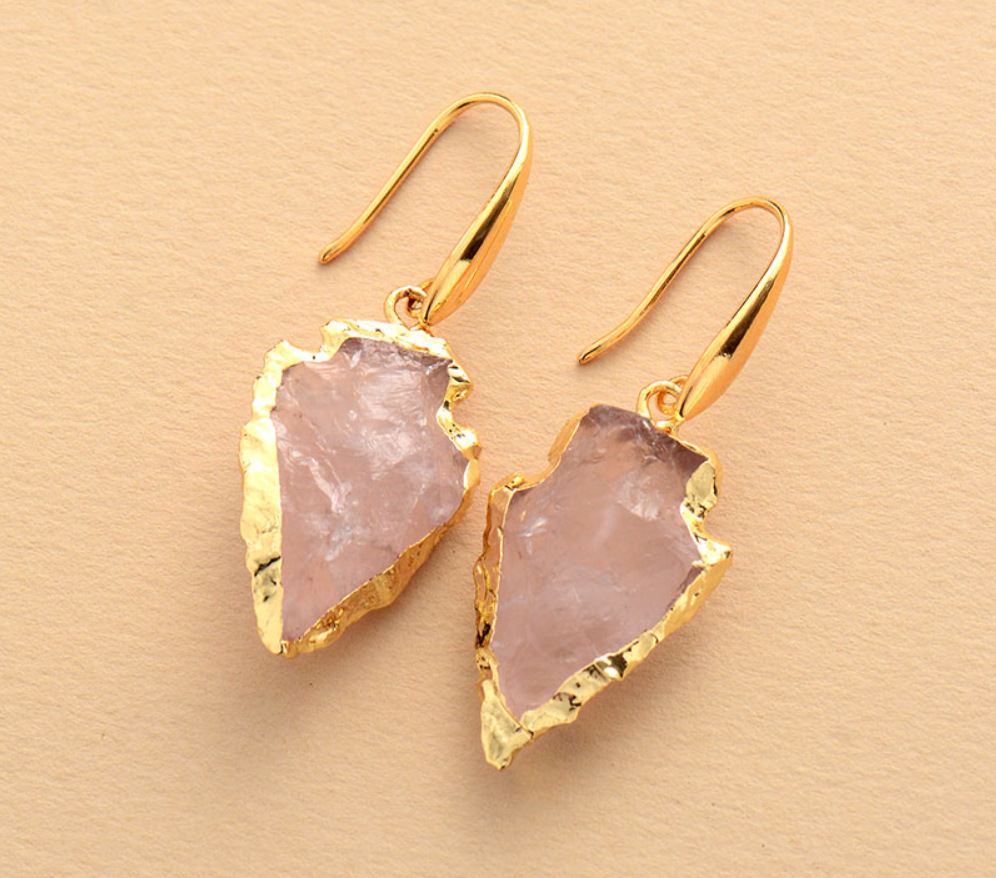 Hot Selling Women Trendy Earrings Natural Pink Crystal Obsidian Arrow Gold Plated Edge Eardrop Elegant Lady Jewelry