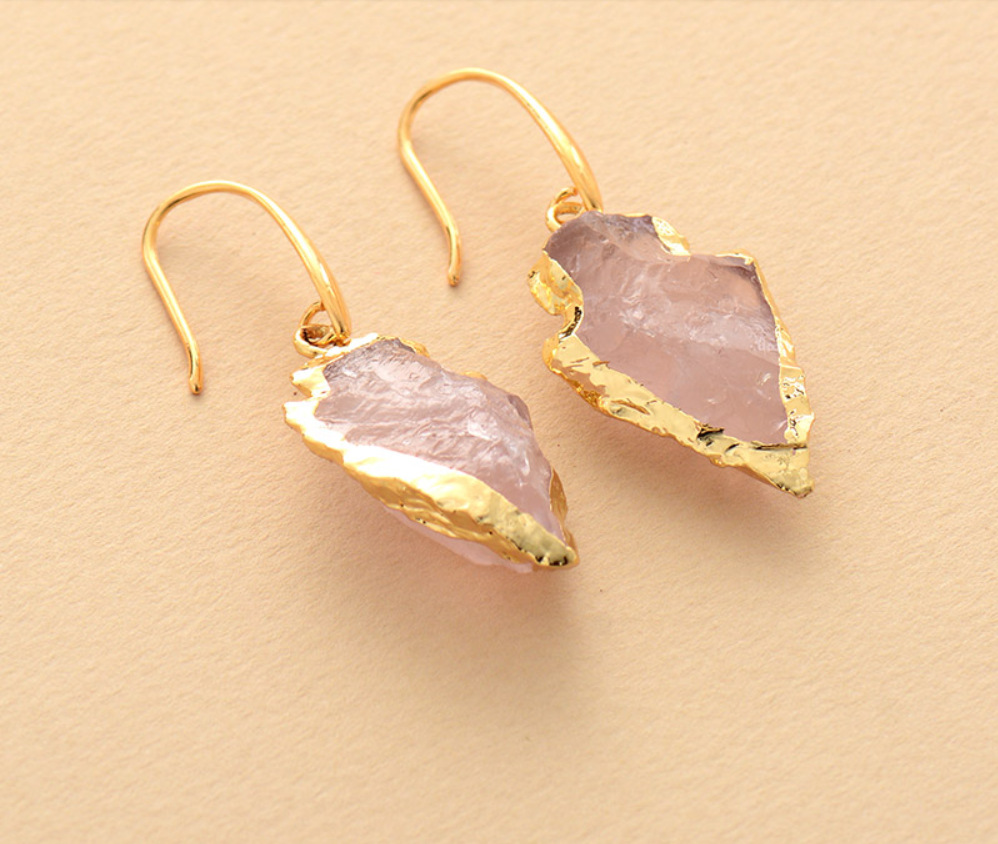 Hot Selling Women Trendy Earrings Natural Pink Crystal Obsidian Arrow Gold Plated Edge Eardrop Elegant Lady Jewelry