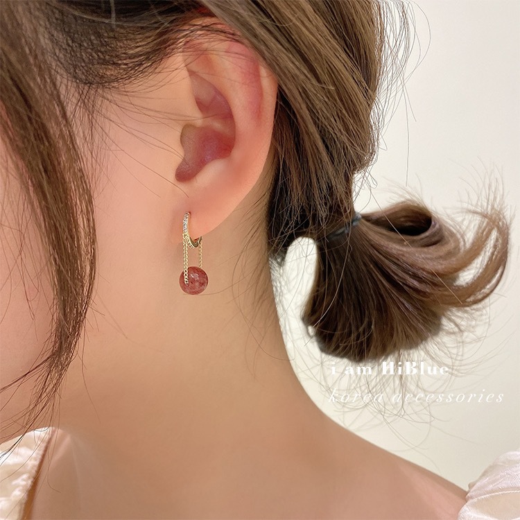 Korean Dongdaemun Early Spring Earrings Sweet Cute Pink Strawberry Crystal Micro Inlaid Zircon Ear Clip Pink Crystal Earrings