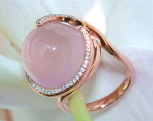 New hot pink crystal moonstone diamond-encrusted ring, European and American creative 14k rose gold ring