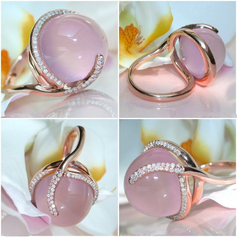 New hot pink crystal moonstone diamond-encrusted ring, European and American creative 14k rose gold ring