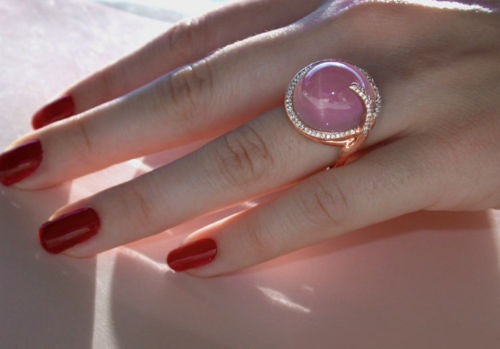 New hot pink crystal moonstone diamond-encrusted ring, European and American creative 14k rose gold ring
