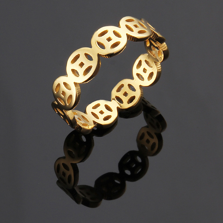 Titanium steel ring ancient copper money design women's rose gold ring