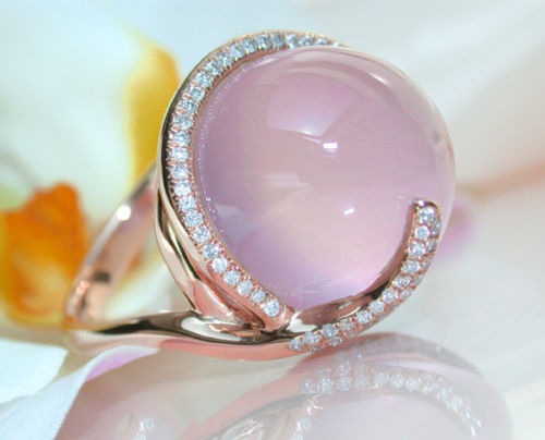 New hot pink crystal moonstone diamond-encrusted ring, European and American creative 14k rose gold ring