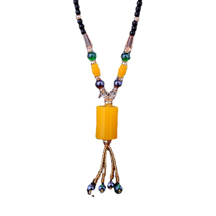 Retro Ethnic Style Imitation Beeswax Long Sweater Chain Beeswax Gourd Fur Elephant Pendant All-Matching Simple Necklace