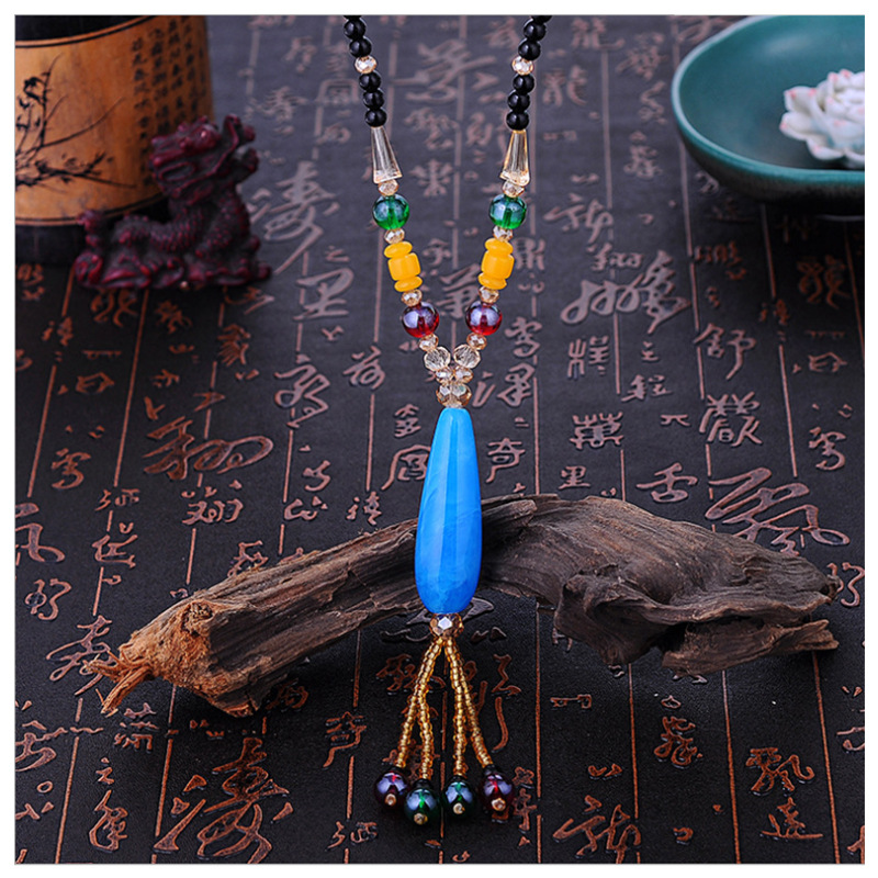 Retro Ethnic Style Imitation Beeswax Long Sweater Chain Beeswax Gourd Fur Elephant Pendant All-Matching Simple Necklace