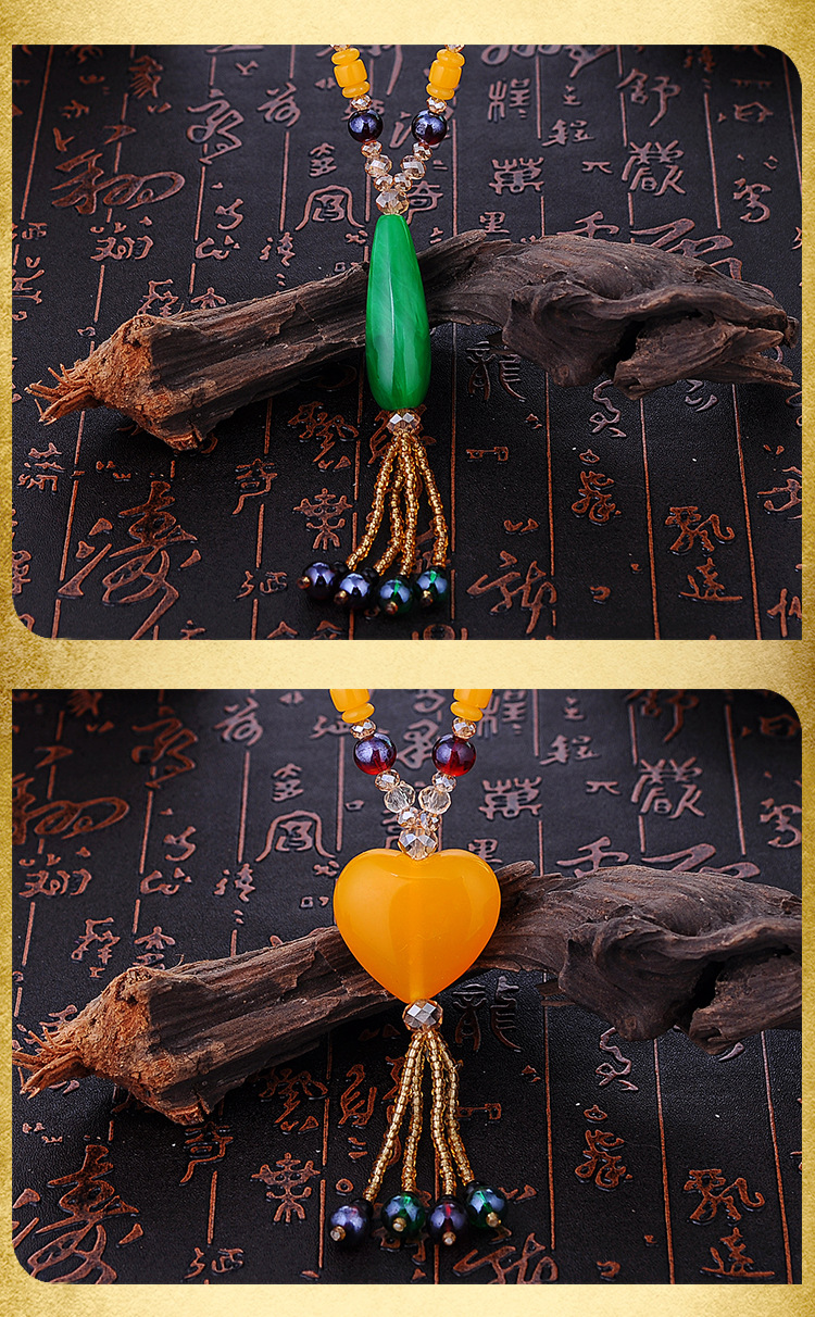 Retro Ethnic Style Imitation Beeswax Long Sweater Chain Beeswax Gourd Fur Elephant Pendant All-Matching Simple Necklace