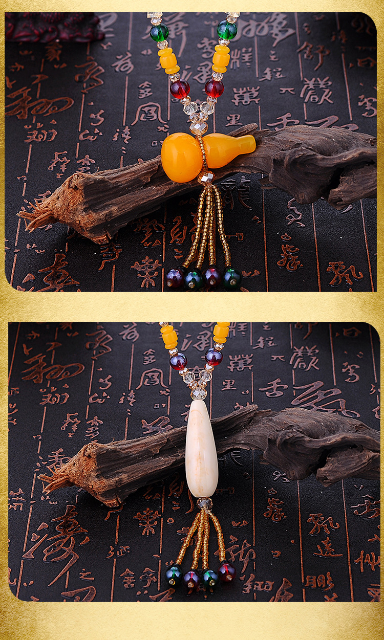 Retro Ethnic Style Imitation Beeswax Long Sweater Chain Beeswax Gourd Fur Elephant Pendant All-Matching Simple Necklace