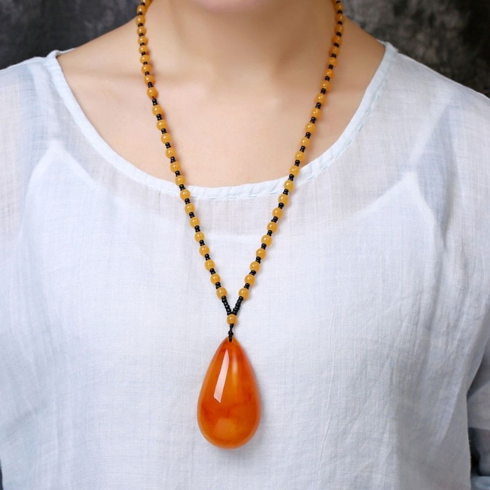 Beeswax Pendant Long Water Drop Women &#039;S Ethnic Style Vintage Amber Old Wax Necklace Versatile Accessories Sweater Chain Pendant