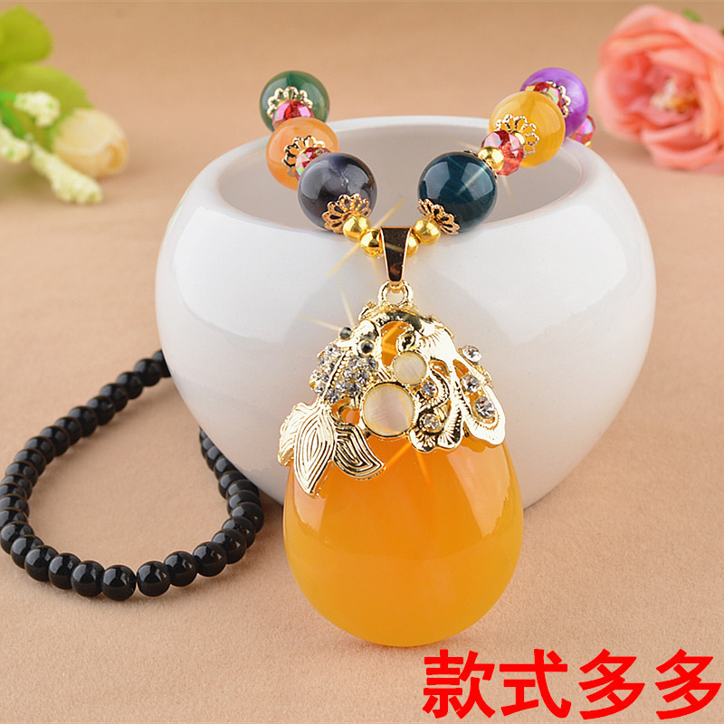 Ethnic Style Goldfish Sweater Chain Long Necklace Water Drop Imitation Beeswax Pendant Cotton Linen Trimmings for Clothing Pendant Wholesale