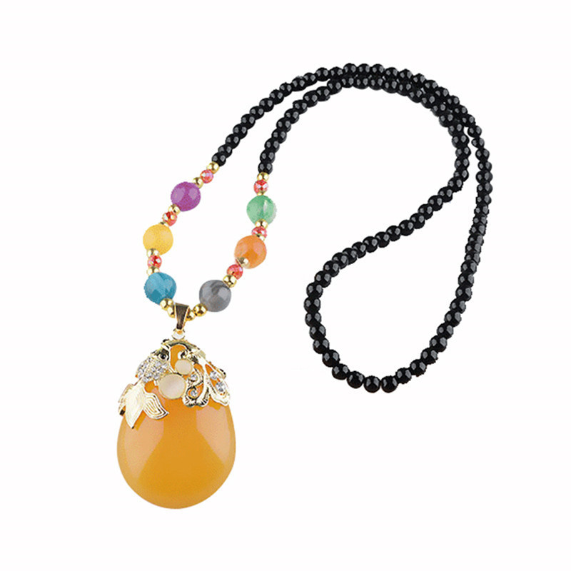 Ethnic Style Goldfish Sweater Chain Long Necklace Water Drop Imitation Beeswax Pendant Cotton Linen Trimmings for Clothing Pendant Wholesale