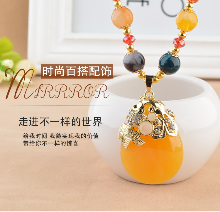 Ethnic Style Goldfish Sweater Chain Long Necklace Water Drop Imitation Beeswax Pendant Cotton Linen Trimmings for Clothing Pendant Wholesale