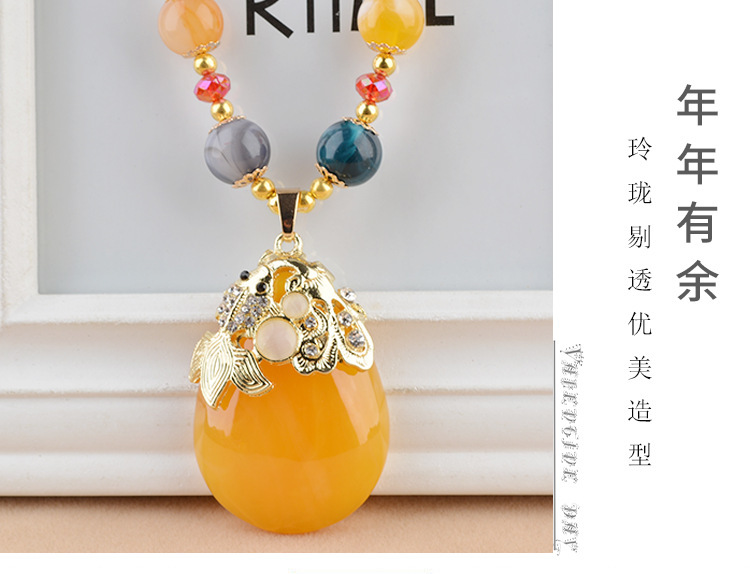 Ethnic Style Goldfish Sweater Chain Long Necklace Water Drop Imitation Beeswax Pendant Cotton Linen Trimmings for Clothing Pendant Wholesale