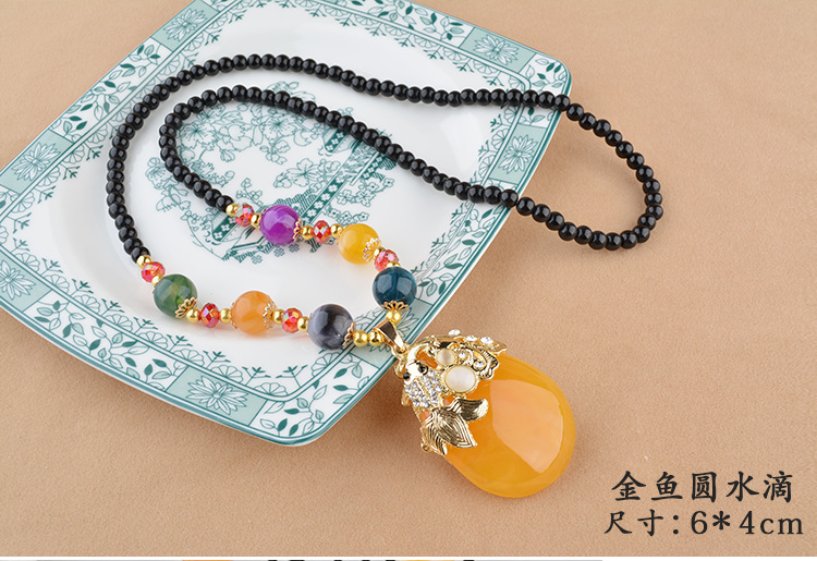 Ethnic Style Goldfish Sweater Chain Long Necklace Water Drop Imitation Beeswax Pendant Cotton Linen Trimmings for Clothing Pendant Wholesale